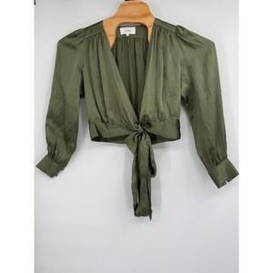 Xirena Crop Long‎ Sleeve Buff Sleeve Wrap Shirt V-Neck Silk Green Sz S